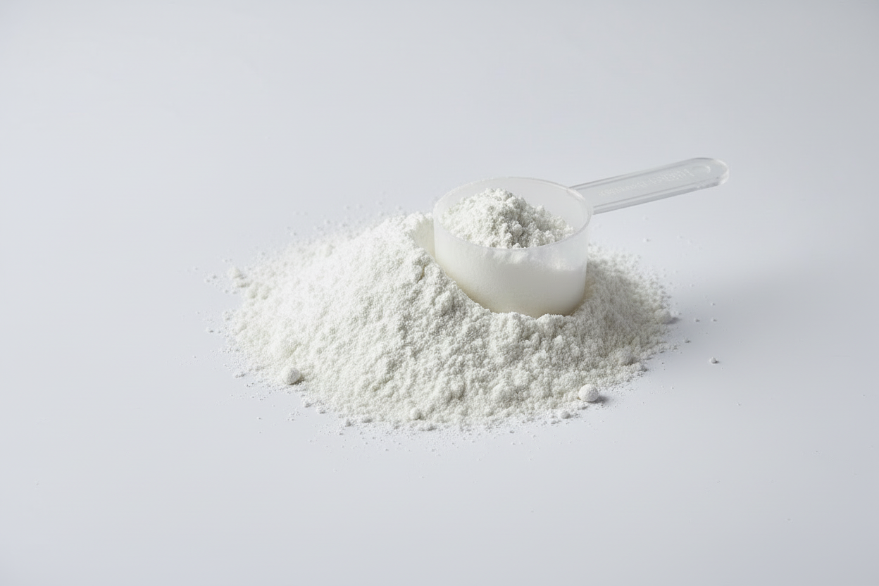White powder in a scoop on a light grey background, representing the Creatine added to the Move Blend
