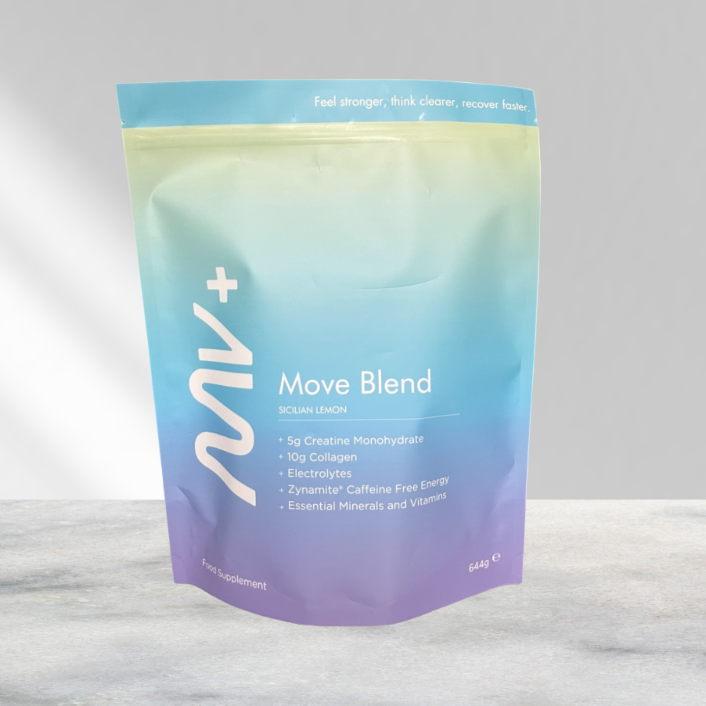 Packet of "Move Blend" Supplement, with a gradient design on a gray background