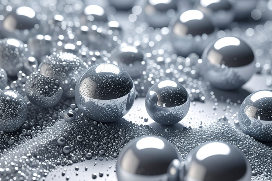 Close-up of metallic spheres with reflective surfaces on a textured background, representing the Magnesium added to the Move Blend Supplement